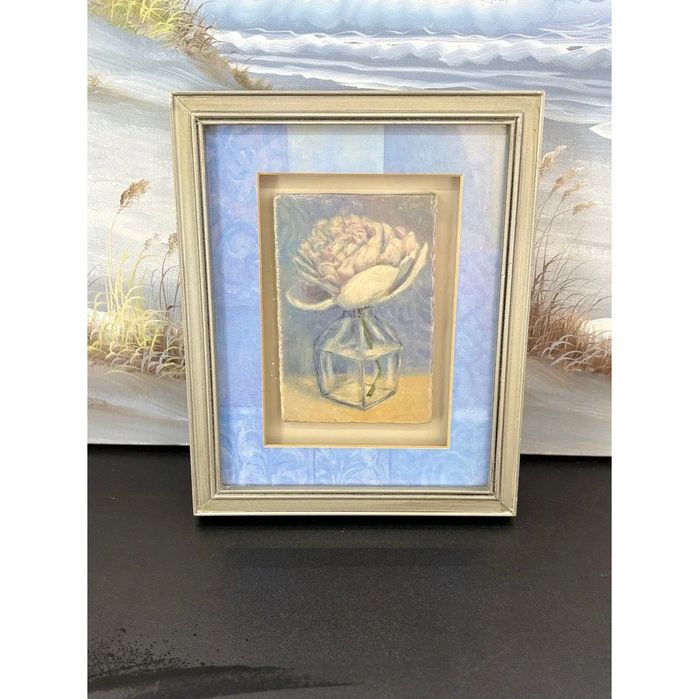 Floral Still Life Framed Tile Art Pink Flower in Glass Vase Silver Frame